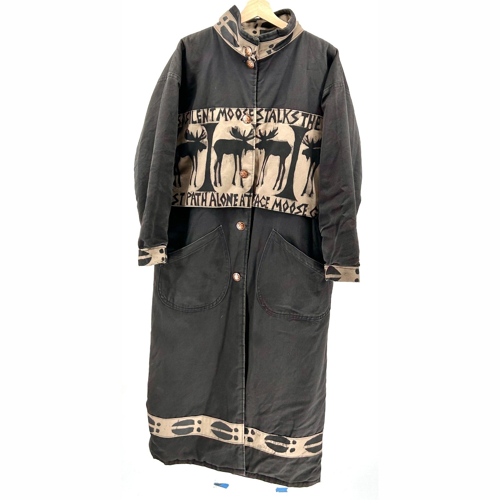 Vintage 90s Babes in the Woods Black Moose Print Duffle Coat