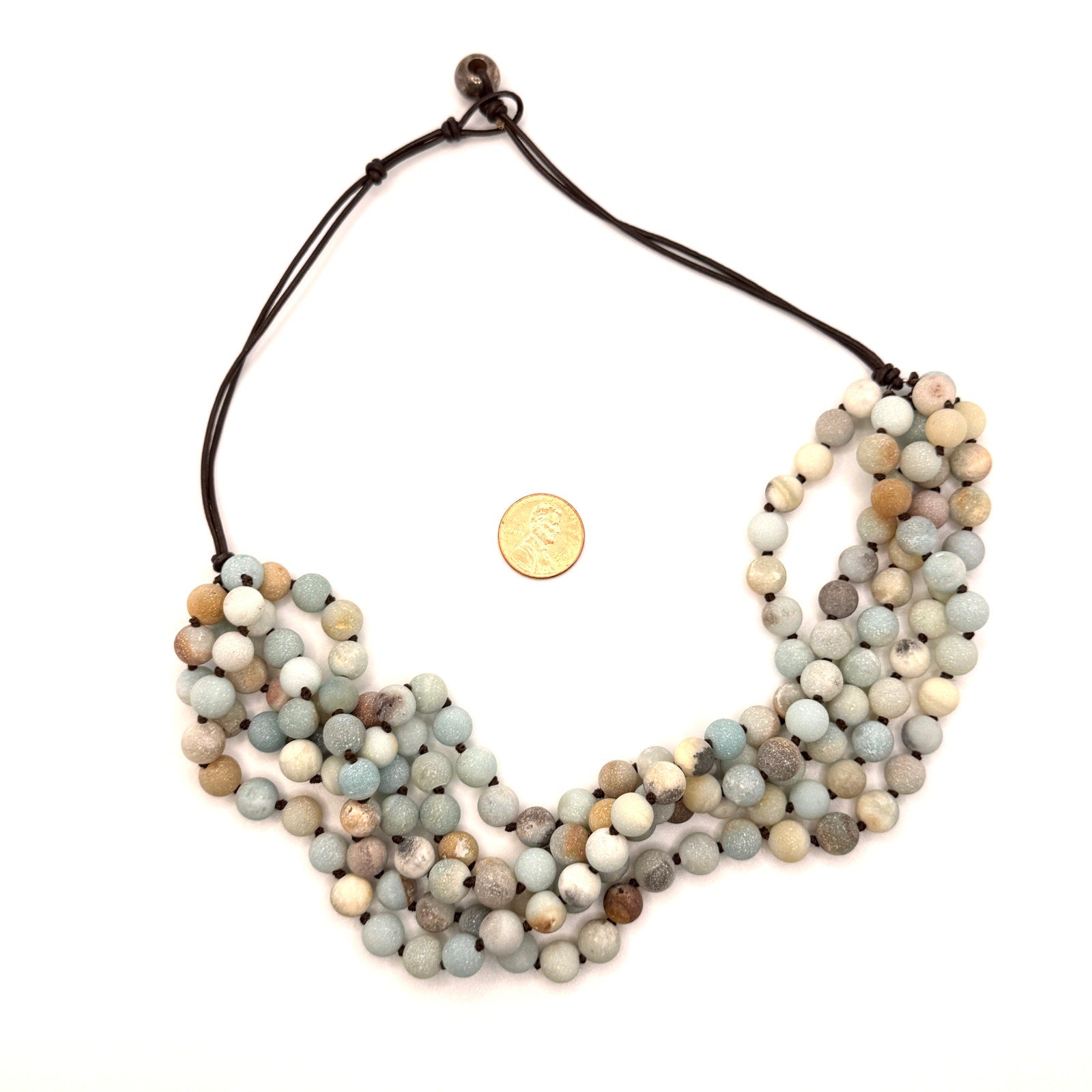 Vintage 90s Aqua Amazonite Sterling Silver Waxed Cord Multi Strand Necklace