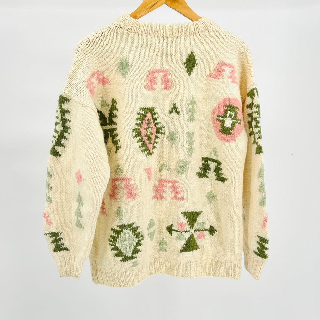 Vintage 80s Outback Red Cream Wool Heavy Knit Geometric Pastel Sweater