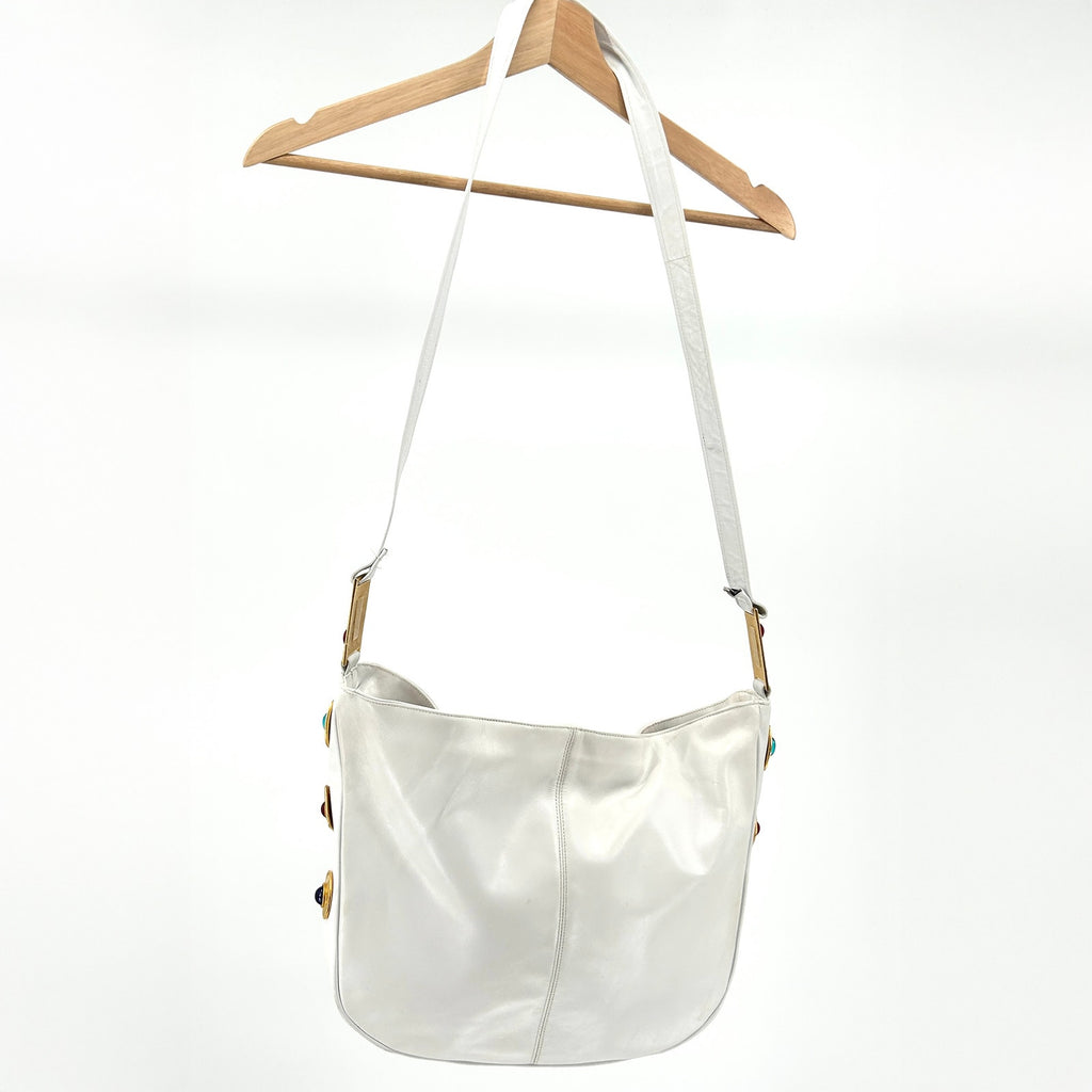 Vintage 80s Joseph B Exclusive White Leather Jewel-Embellished Satchel