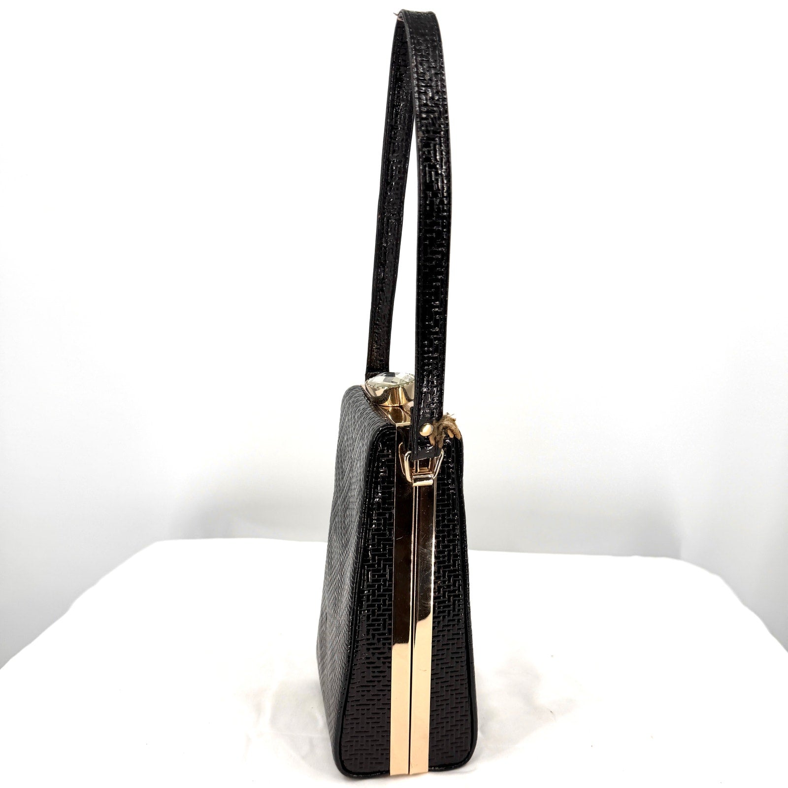 Vintage 90s Black Patent Leather Maximalist Rhinestone Clasp Box Handbag
