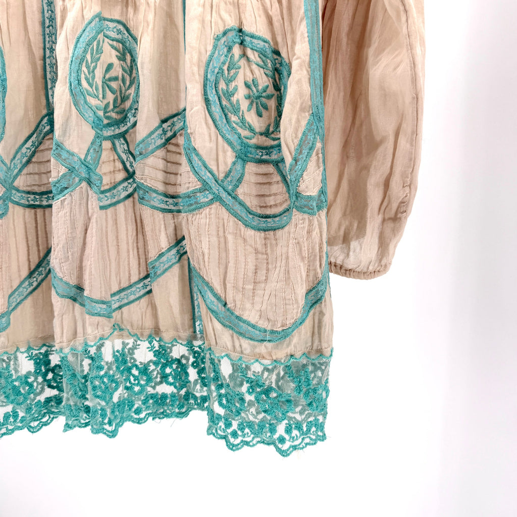 Antica Sartoria Beige Teal 100% Cotton Embroidered Lace Tunic Top