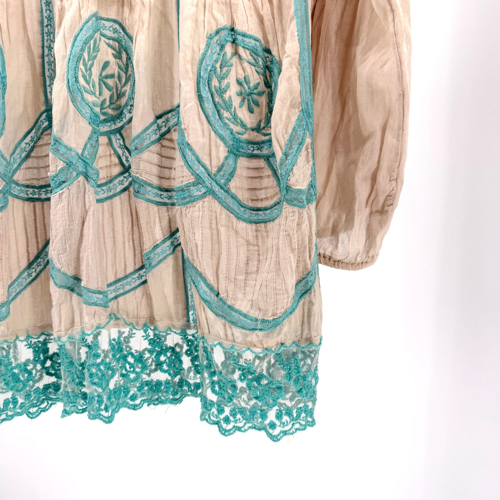 Antica Sartoria Beige Teal 100% Cotton Embroidered Lace Tunic Top