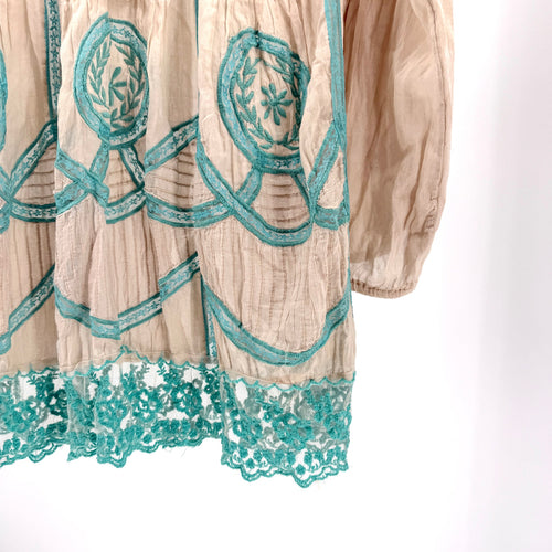 Antica Sartoria Beige Teal 100% Cotton Embroidered Lace Tunic Top