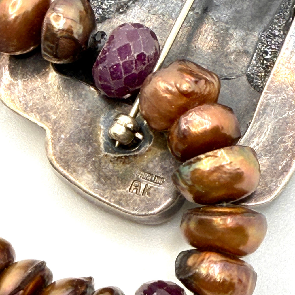 Vintage 90s Amy Kahn Russell Sterling Silver Dragon Pearl Ruby Necklace Pendant