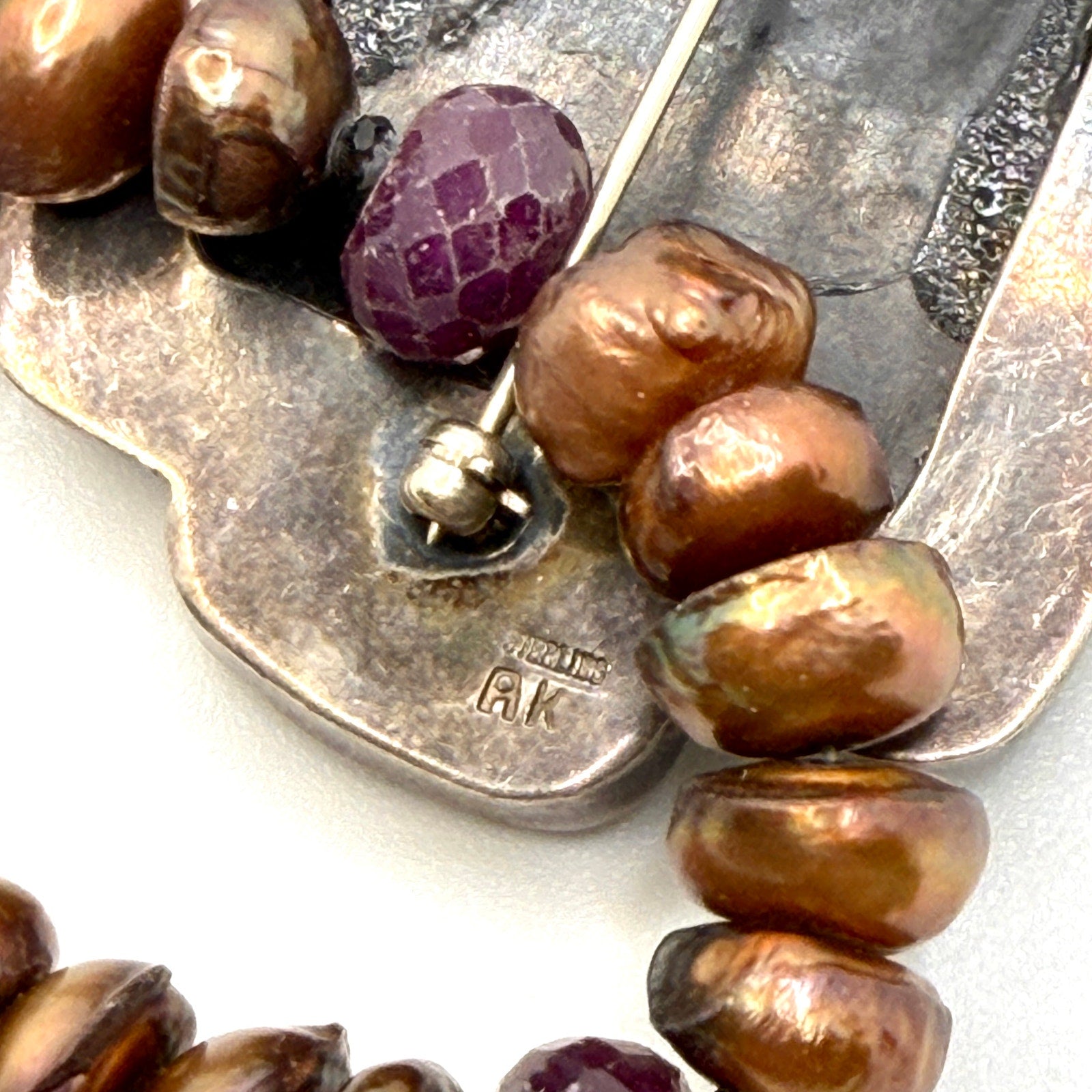 Vintage 90s Amy Kahn Russell Sterling Silver Dragon Pearl Ruby Necklace Pendant