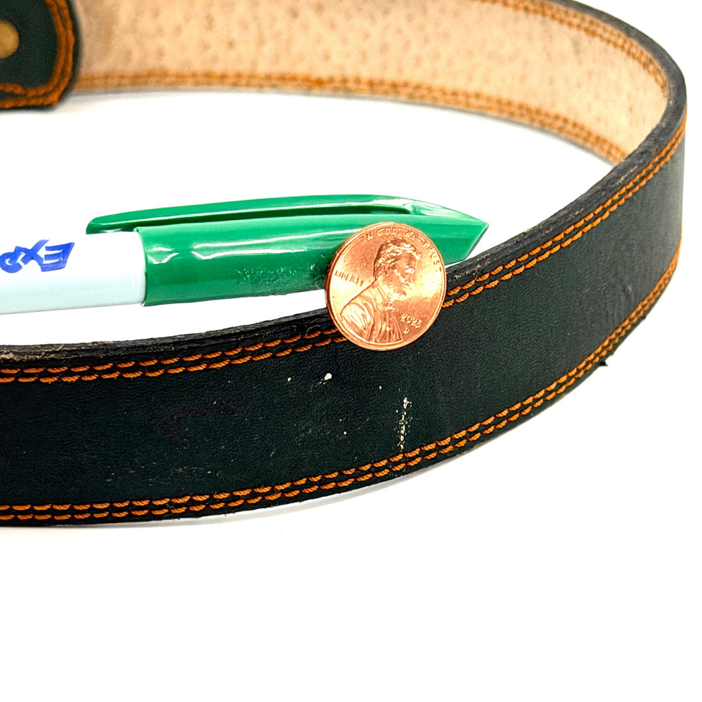 Vintage 90s Forest Green Genuine Leather Belt with Orange Stitching