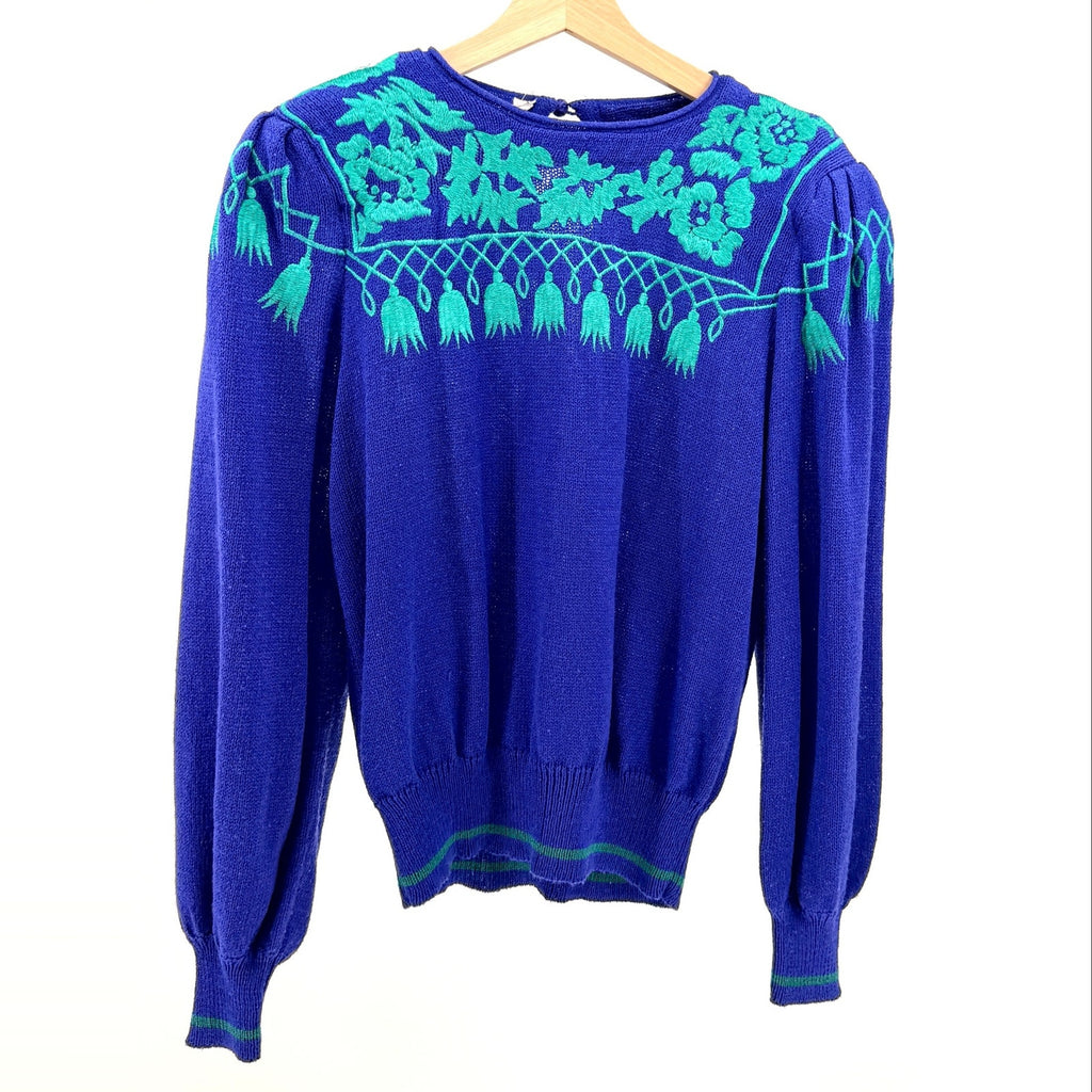 Vintage 80s Umi Collections by Anne Crimmins Blue Teal Embroidered Sweater