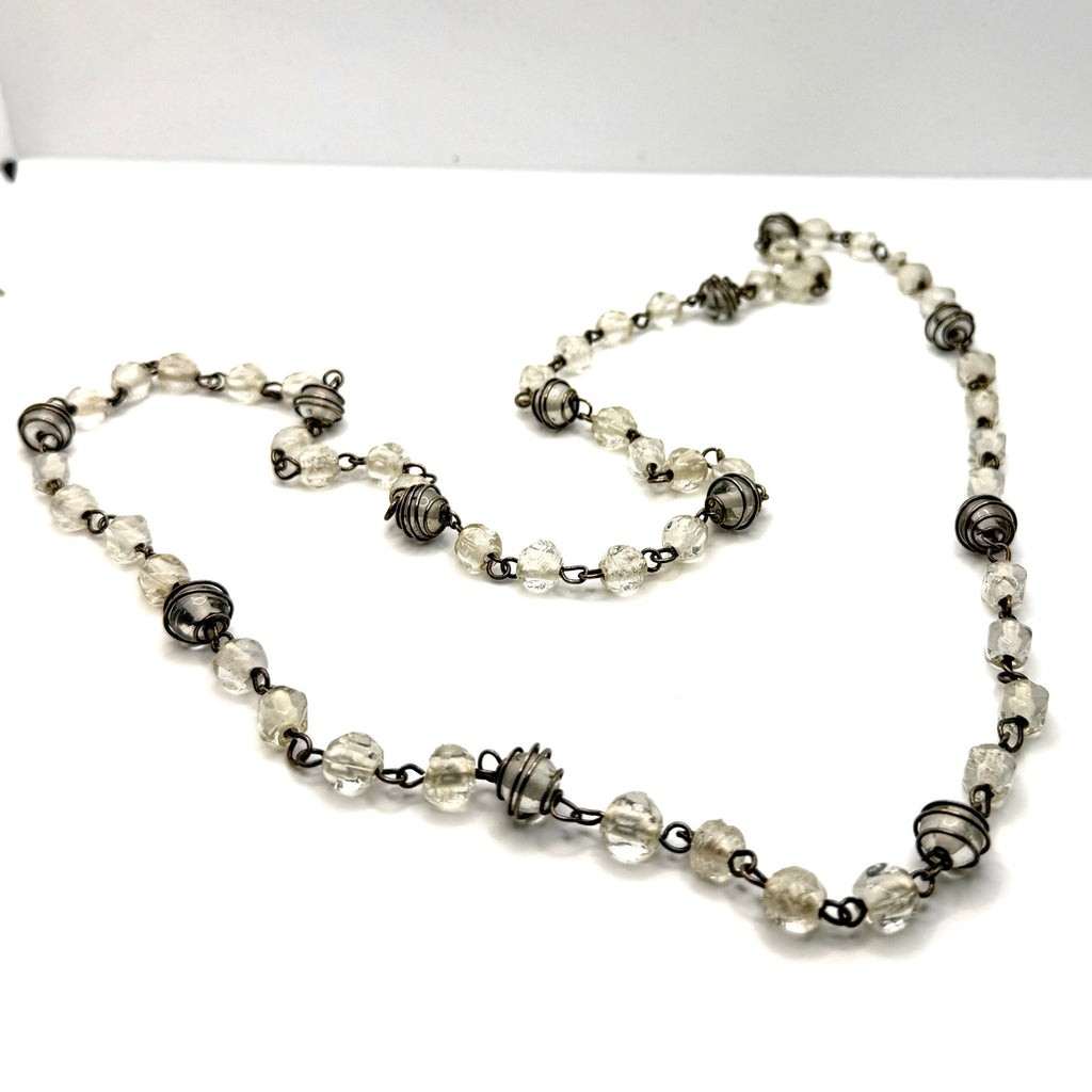 Vintage 90s Clear Glass Wire Wrapped Cage Station Flapper Long Necklace