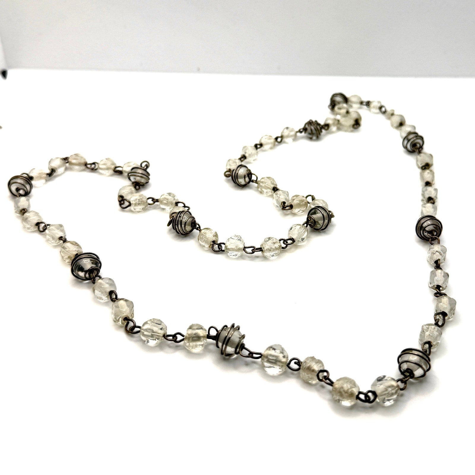 Vintage 90s Clear Glass Wire Wrapped Cage Station Flapper Long Necklace