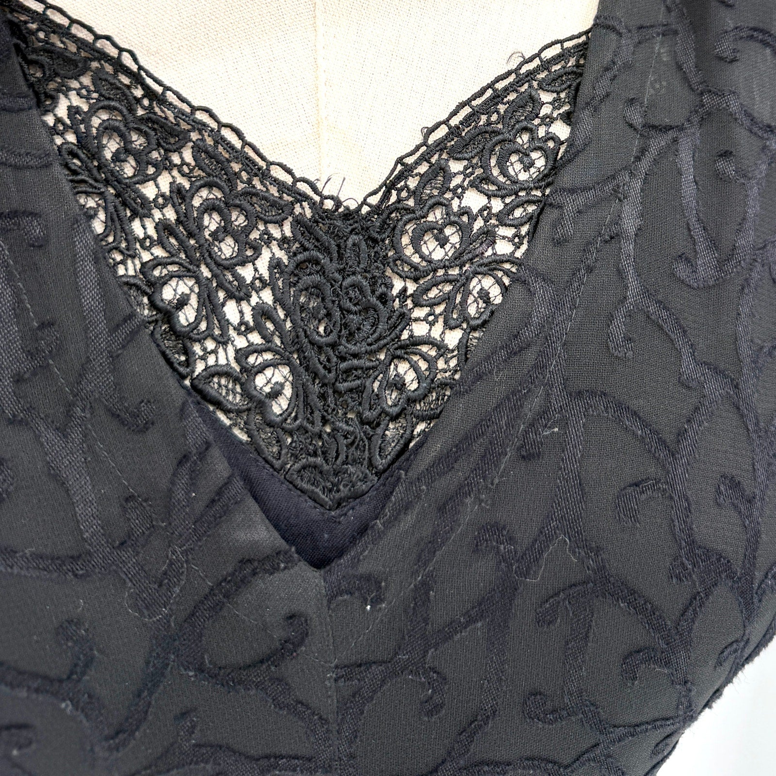 Vintage 90s Black Goth Lace Accent V-Neck Grunge Maxi Dress