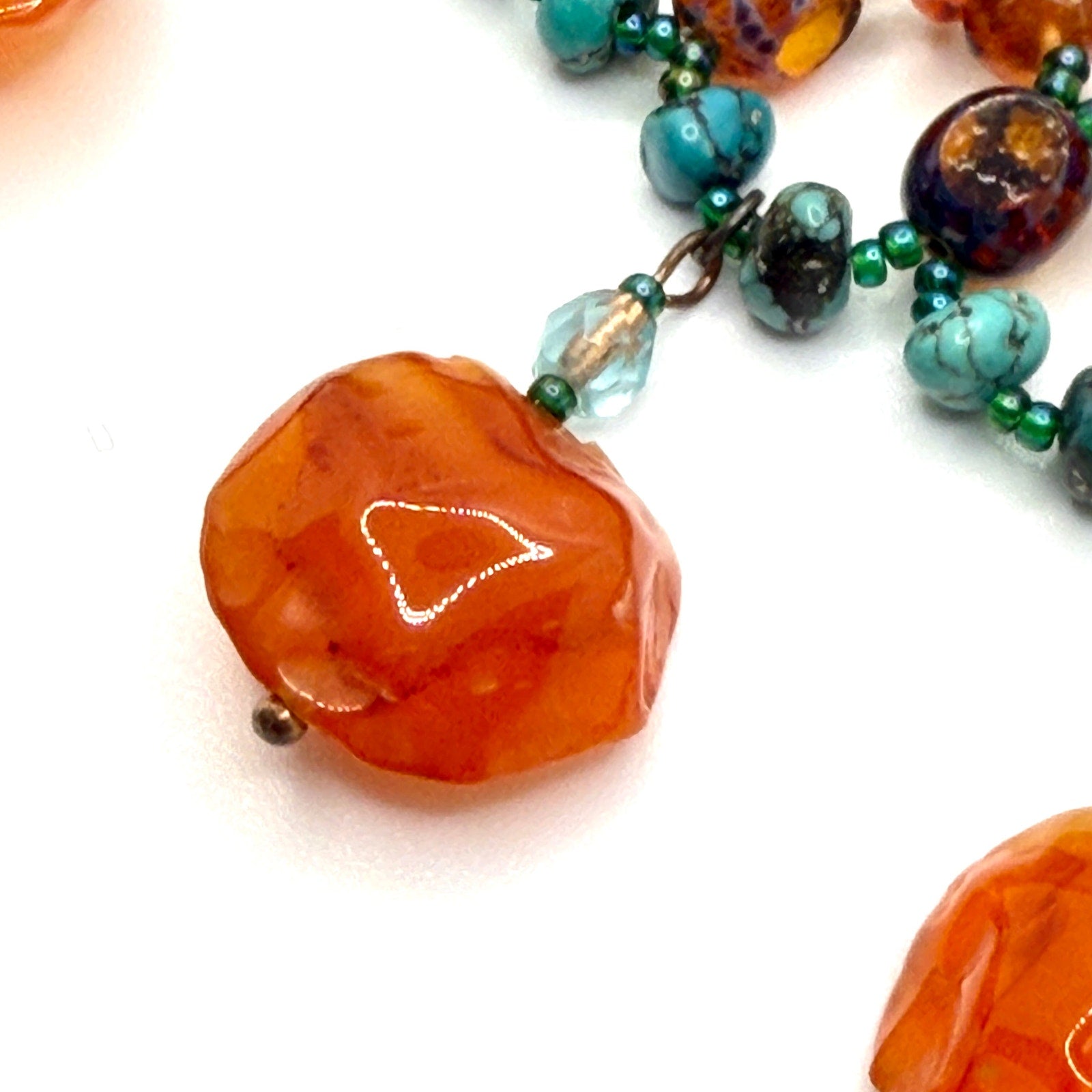 Vintage 90s Turquoise Carnelian Amber Boho Choker Fringe Statement Necklace
