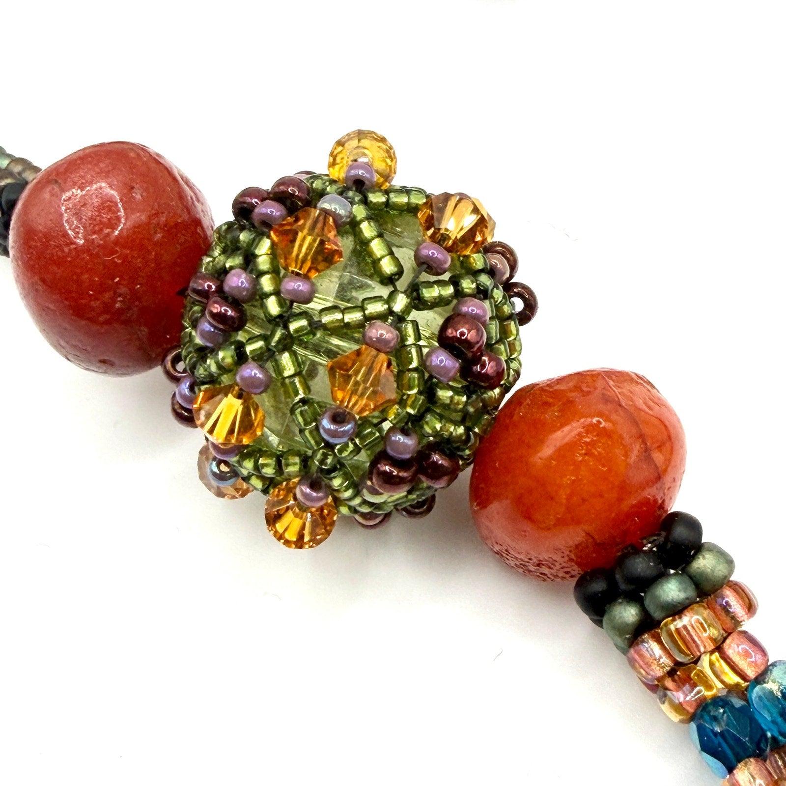 Vintage 90s Earthy Woven Seed Bead Crystal Focal Statement Loop Necklace