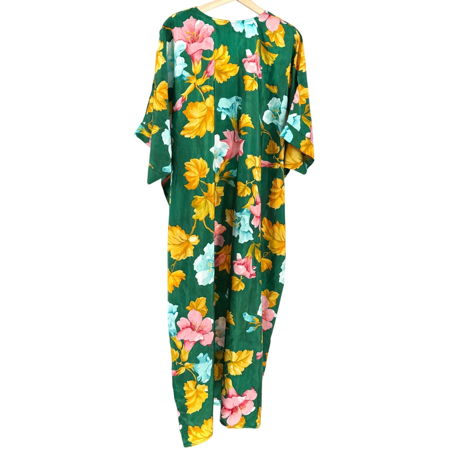 Vintage 90s Winlar Green Yellow Pink Floral Loungewear Kaftan Maxi Dress