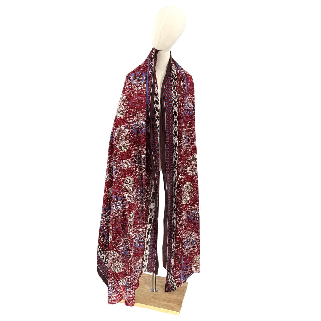Vintage 90s Maroon Blue 100% Cotton Batik Geometric Boho Shawl Wrap