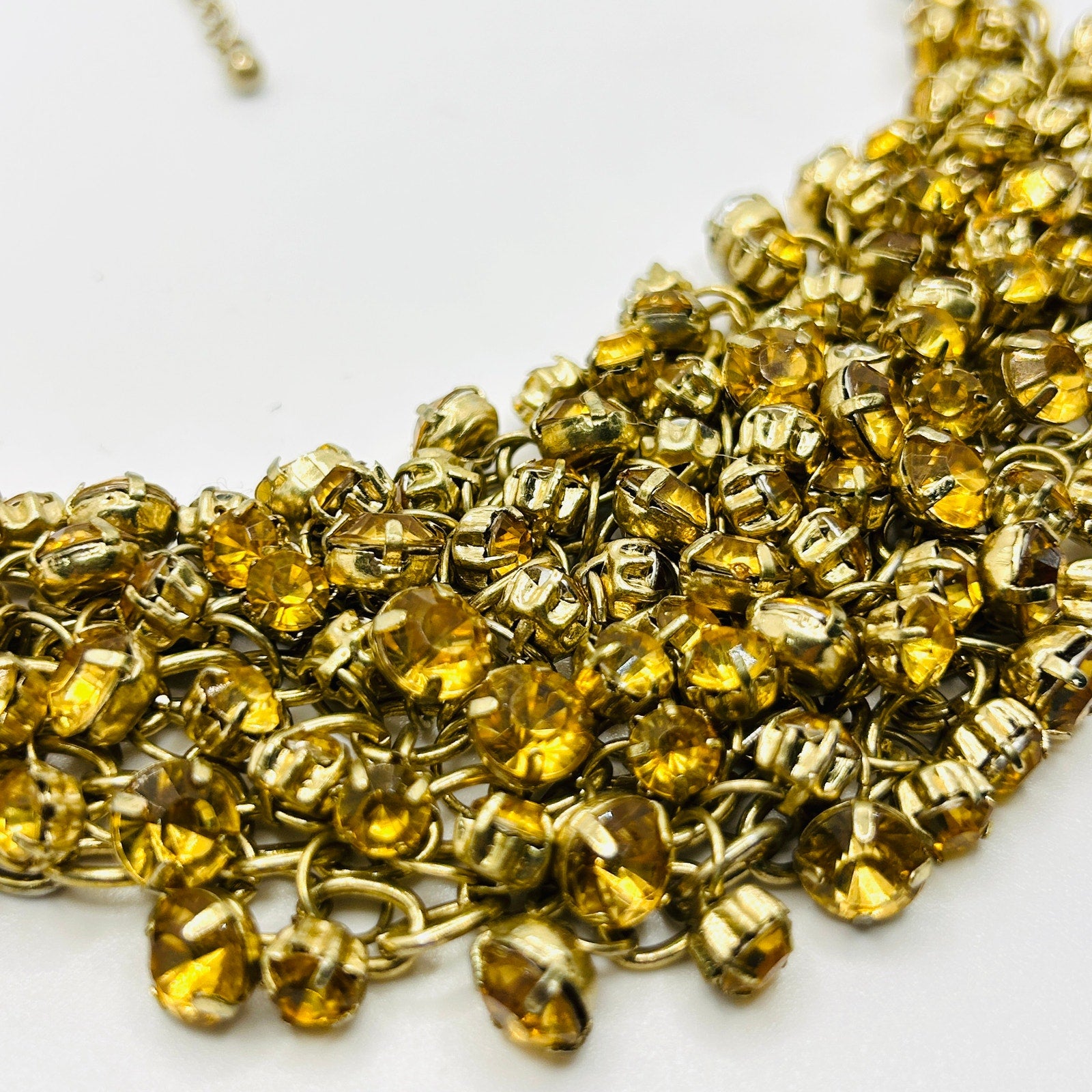 Y2k Yellow Gold Rhinestone Crystal Chain Link Bib Glam Bling Costume Necklace