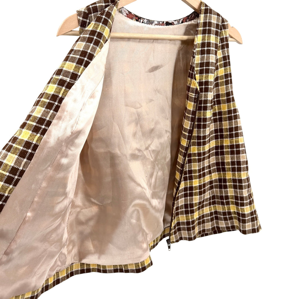 Vintage 90s Handmade Brown Yellow Plaid Zip-Front Vest Blouse