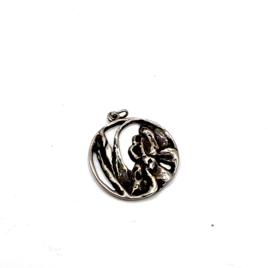 Vintage 70s Unbranded Sterling Silver Art Nouveau Cut Out Iris Flower Pendant
