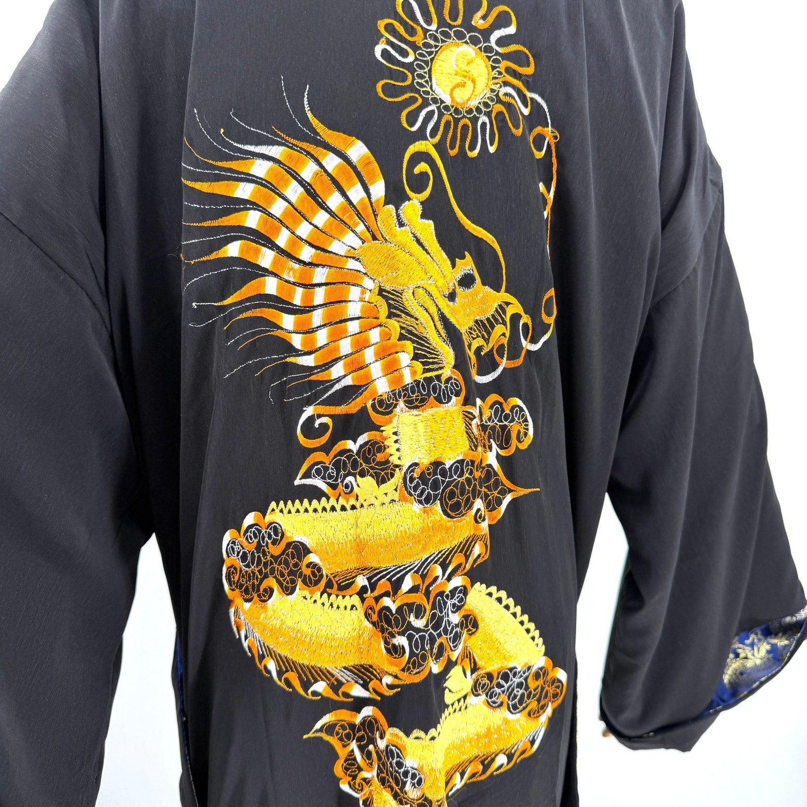 Vintage 90s Blue Gold Reversible Embroidered Black Dragon Kimono Robe