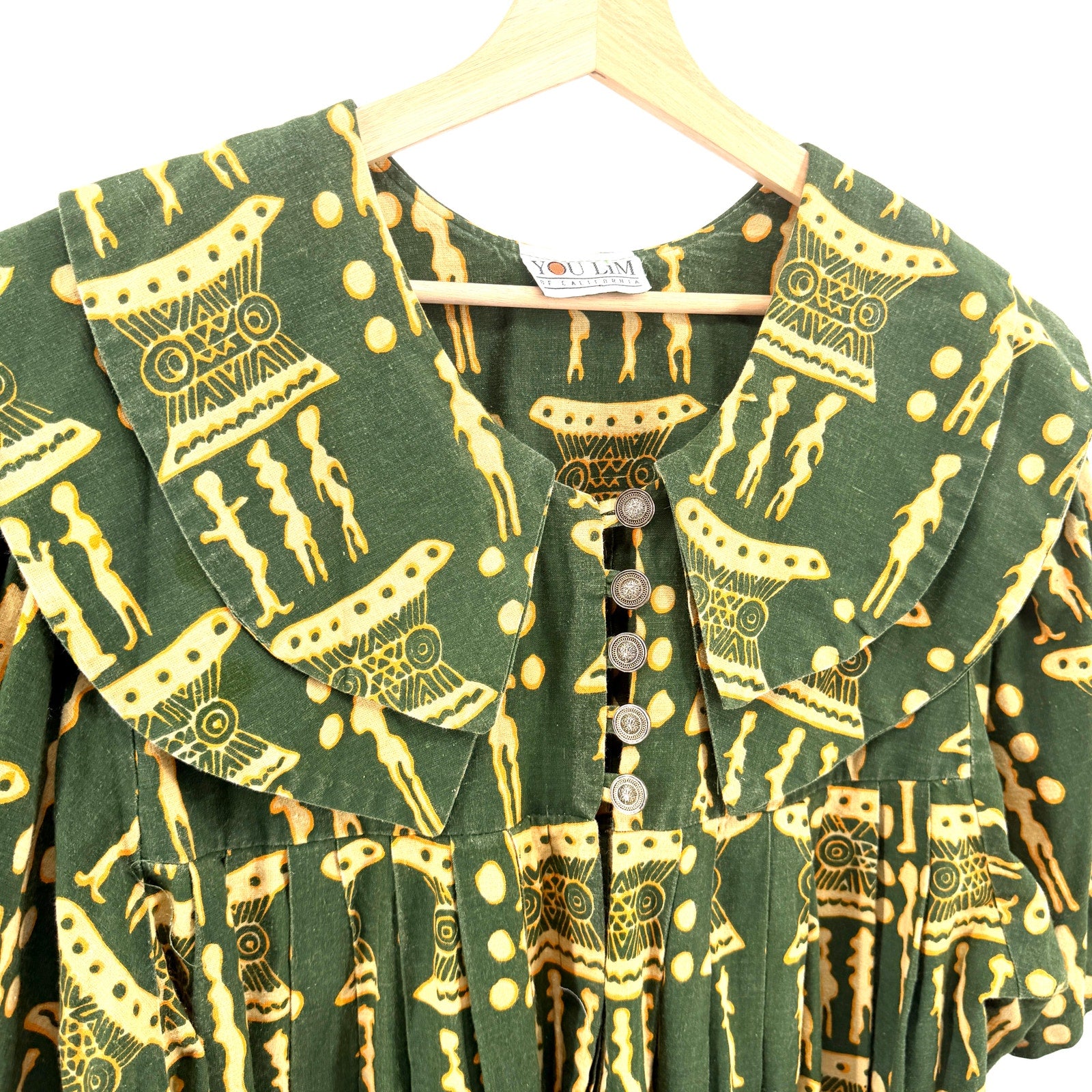 Vintage 90s You Lim California Green Yellow 100% Cotton Tribal Trapeze Dress