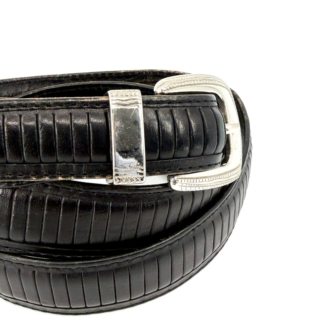 Vintage 90s PGA Tour Black Genuine Leather Western Engraved Silver Tip Belt
