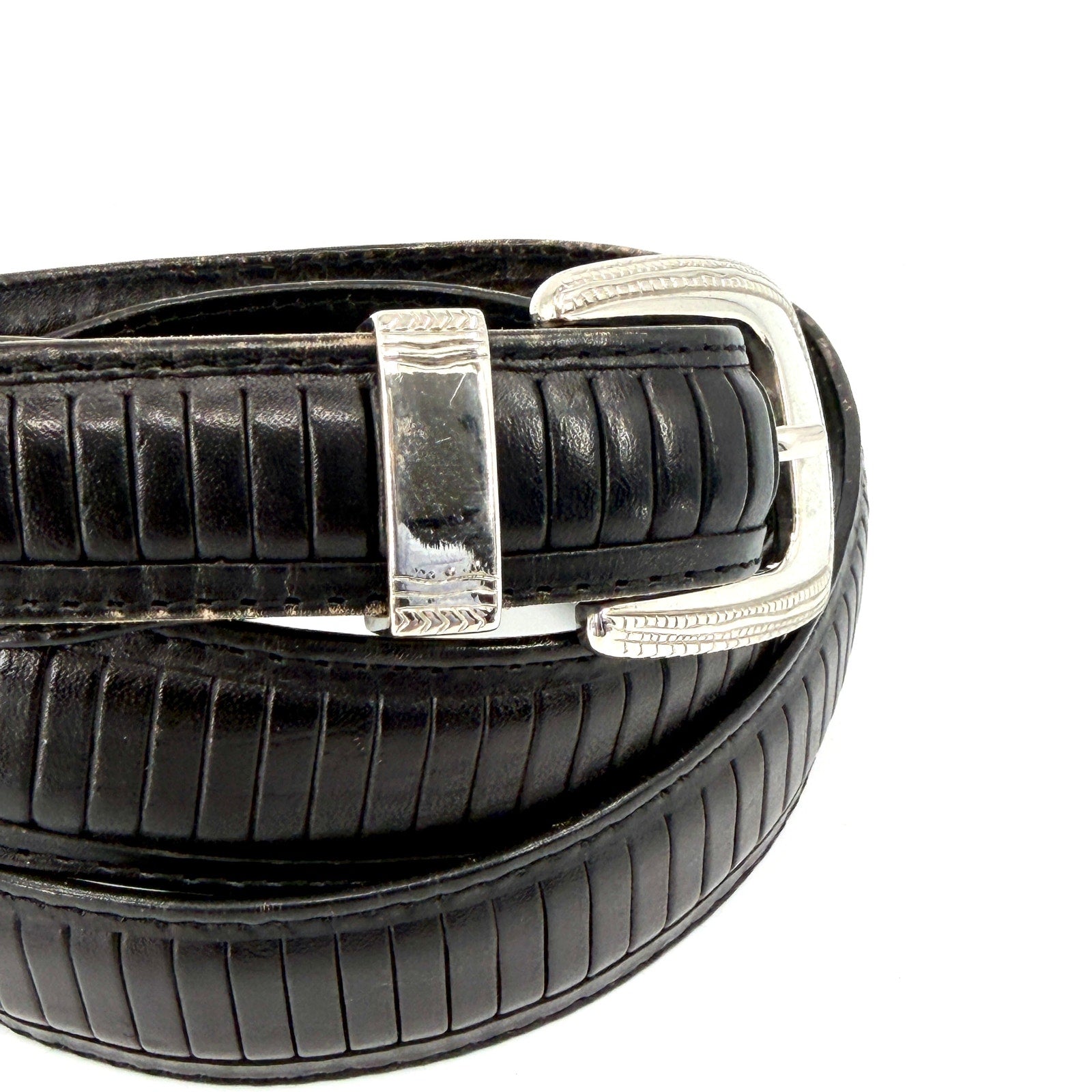 Vintage 90s PGA Tour Black Genuine Leather Western Engraved Silver Tip Belt