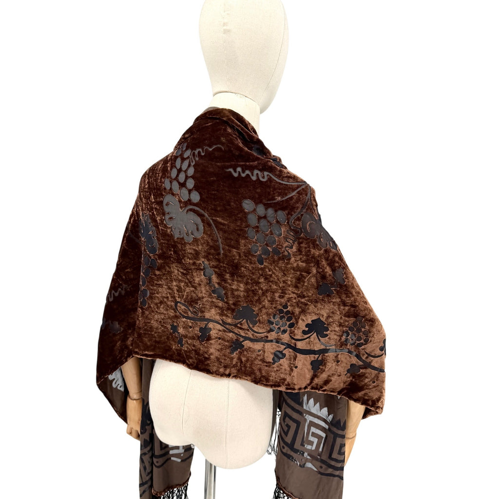 Vintage Y2K Boho Brown Velvet Black Burnout Grape Leaf Fringe Scarf