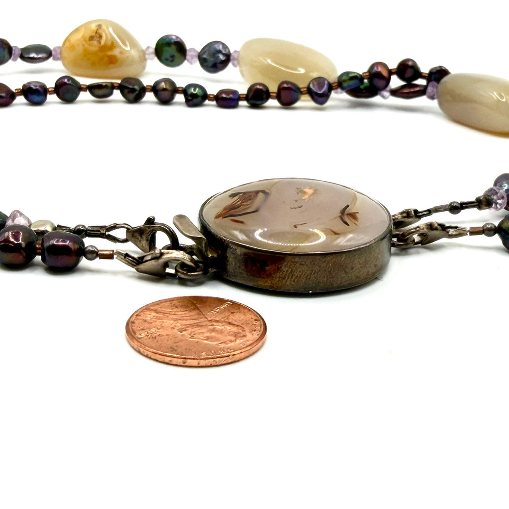 Vintage 90s Sterling Silver Agate Pearl Multi Strand Statement Necklace