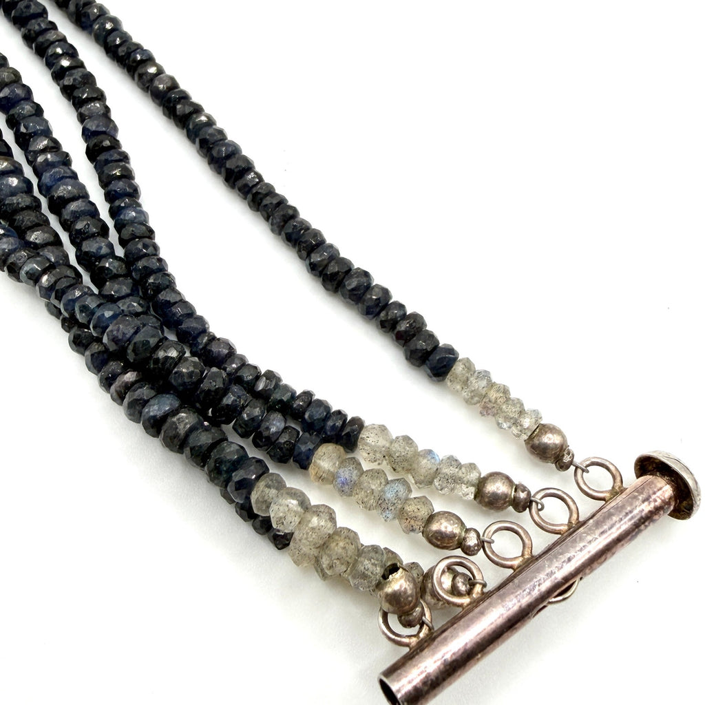 Vintage 90s Sterling Silver Sapphire Labradorite Graduated Multi Strand Necklace