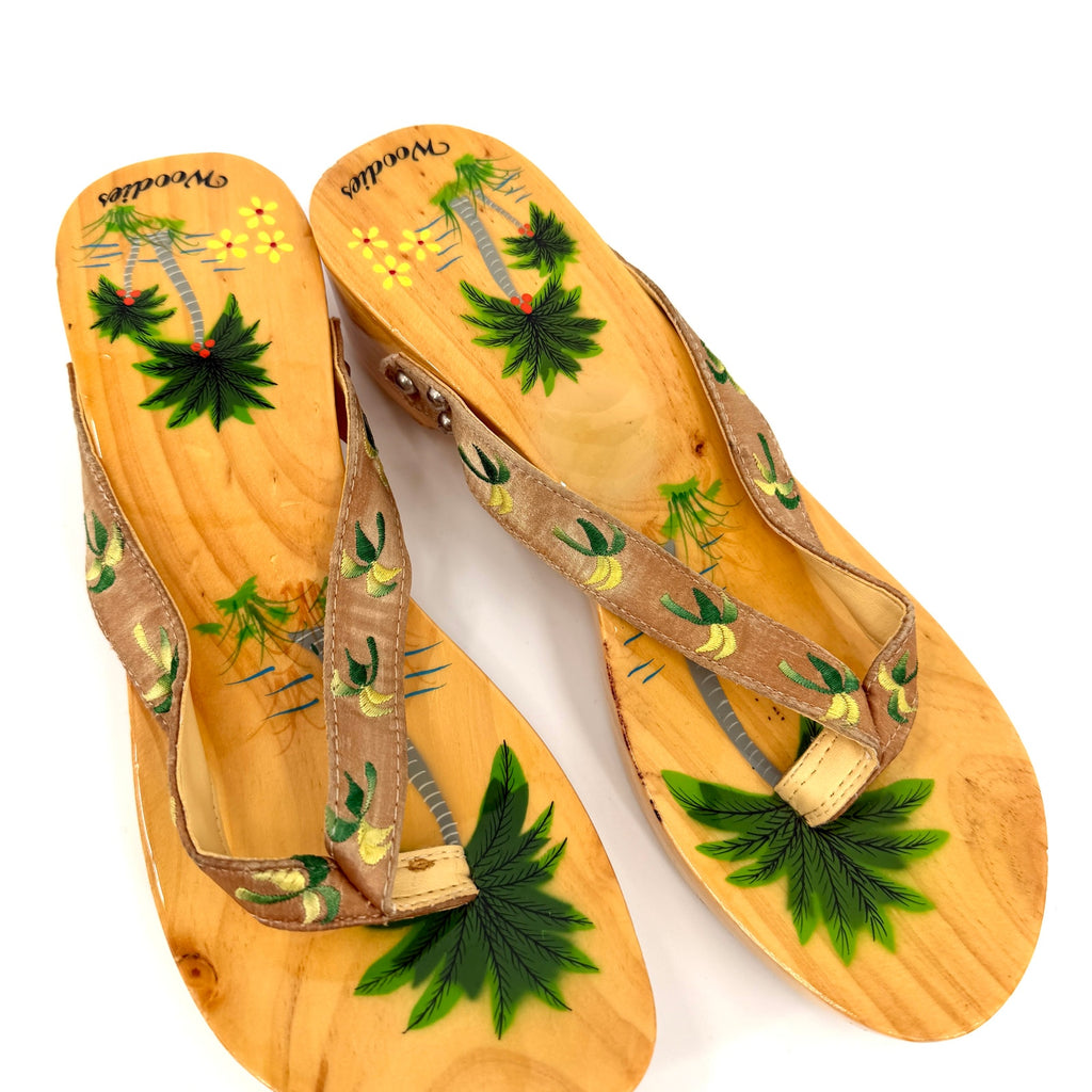 Vintage 90s Woodies Tan Wood Tropical Embroidered Satin Studded Clog Sandals