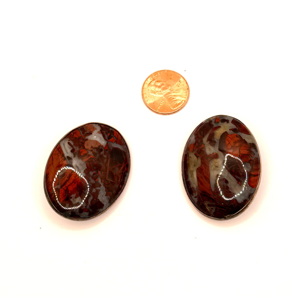 Vintage 90s Sterling Silver Red Jasper Oval Artist Signed Clip On Earrings