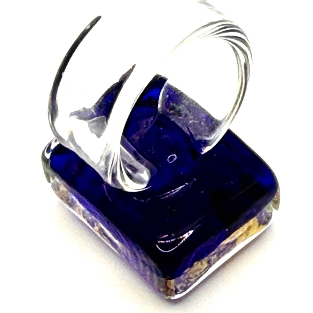 Vintage 90s Handblown Cobalt Blue Gold Foil Abstract Glass Modernist Ring