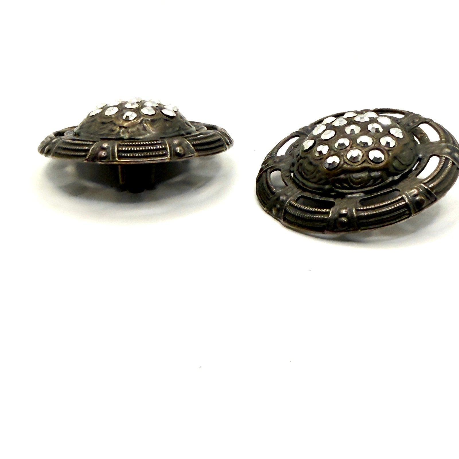 Vintage 80s Bronze Tone Rhinestone Openwork Dome Clip On Earrings