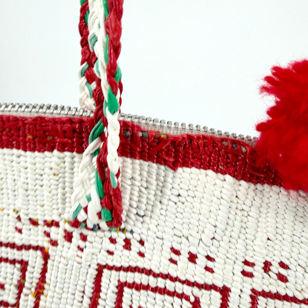 Vintage 70s Handmade Plastic Woven Panama Pom Pom Handbag