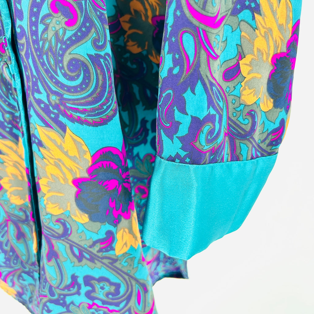 Vintage 90s Victoria's Secret Teal Floral Satin Lapel Sleepwear Robe