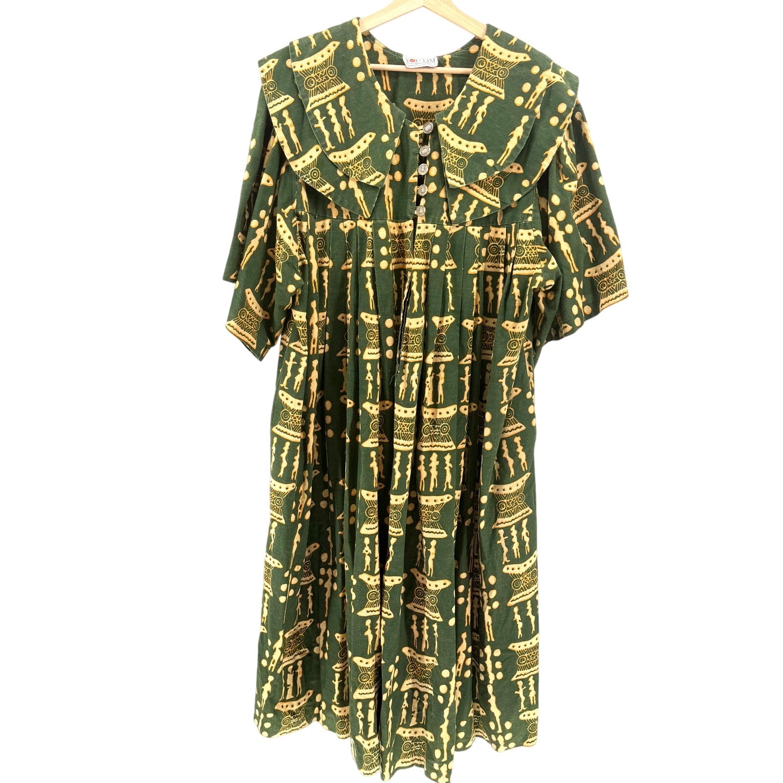 Vintage 90s You Lim California Green Yellow 100% Cotton Tribal Trapeze Dress