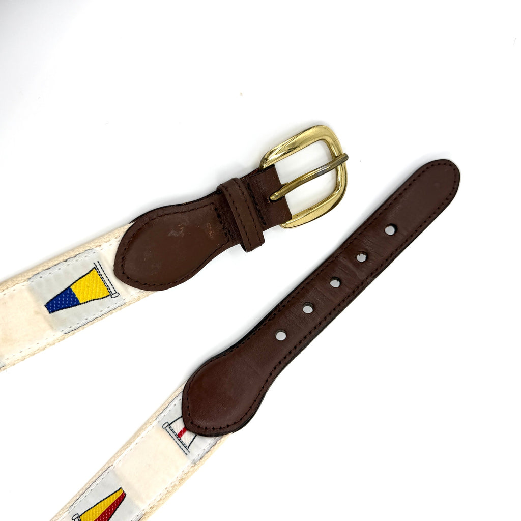 Vintage 90s White Woven Nautical Signal Flag Canvas Leather Trim Belt