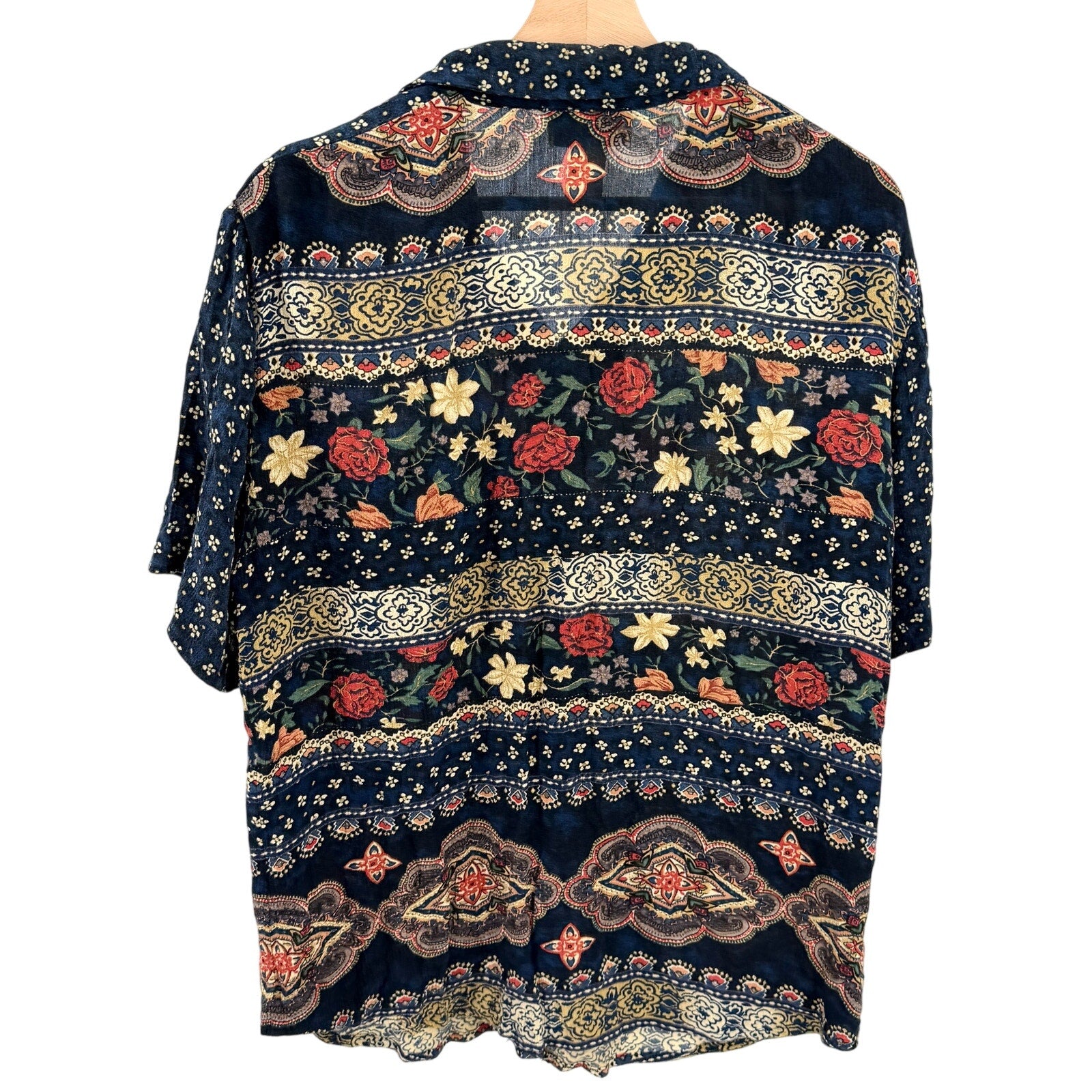 Vintage 90s Norton McNaughton Navy Blue Floral Paisley Short Sleeve Shirt