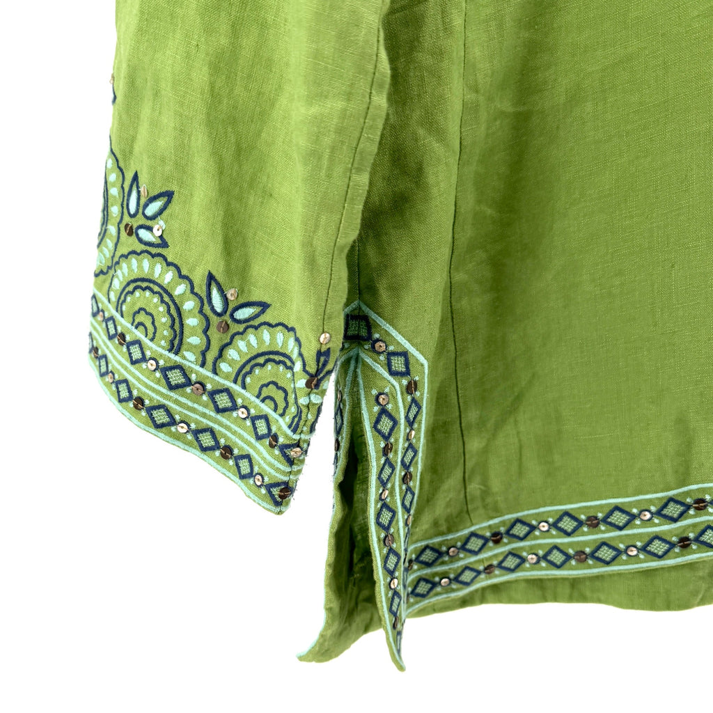 J. Crew Lime Green 100% Linen Embroidered Sequin Long Sleeve Tunic
