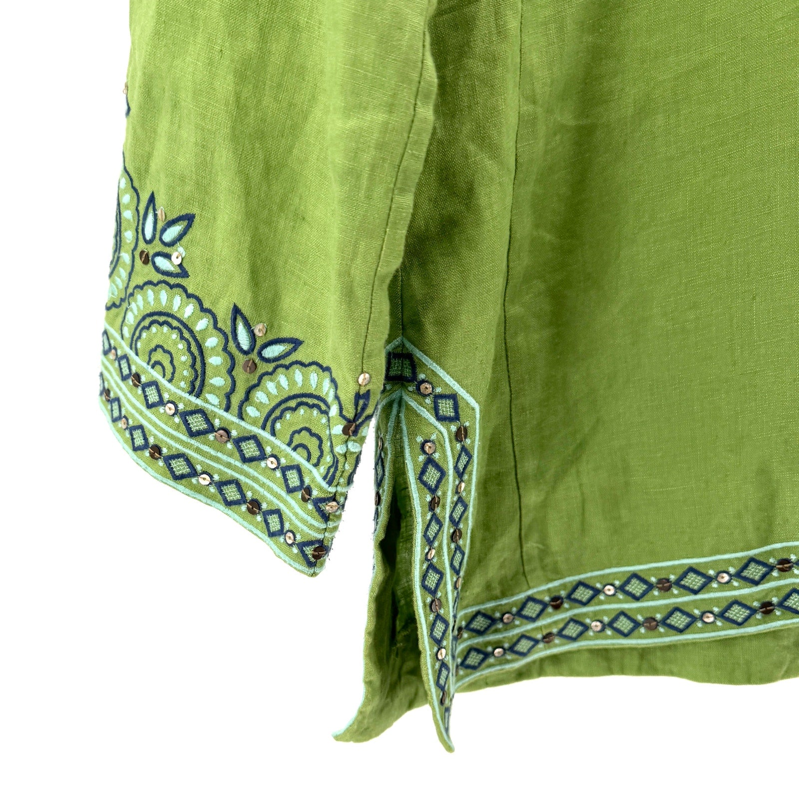 J. Crew Lime Green 100% Linen Embroidered Sequin Long Sleeve Tunic