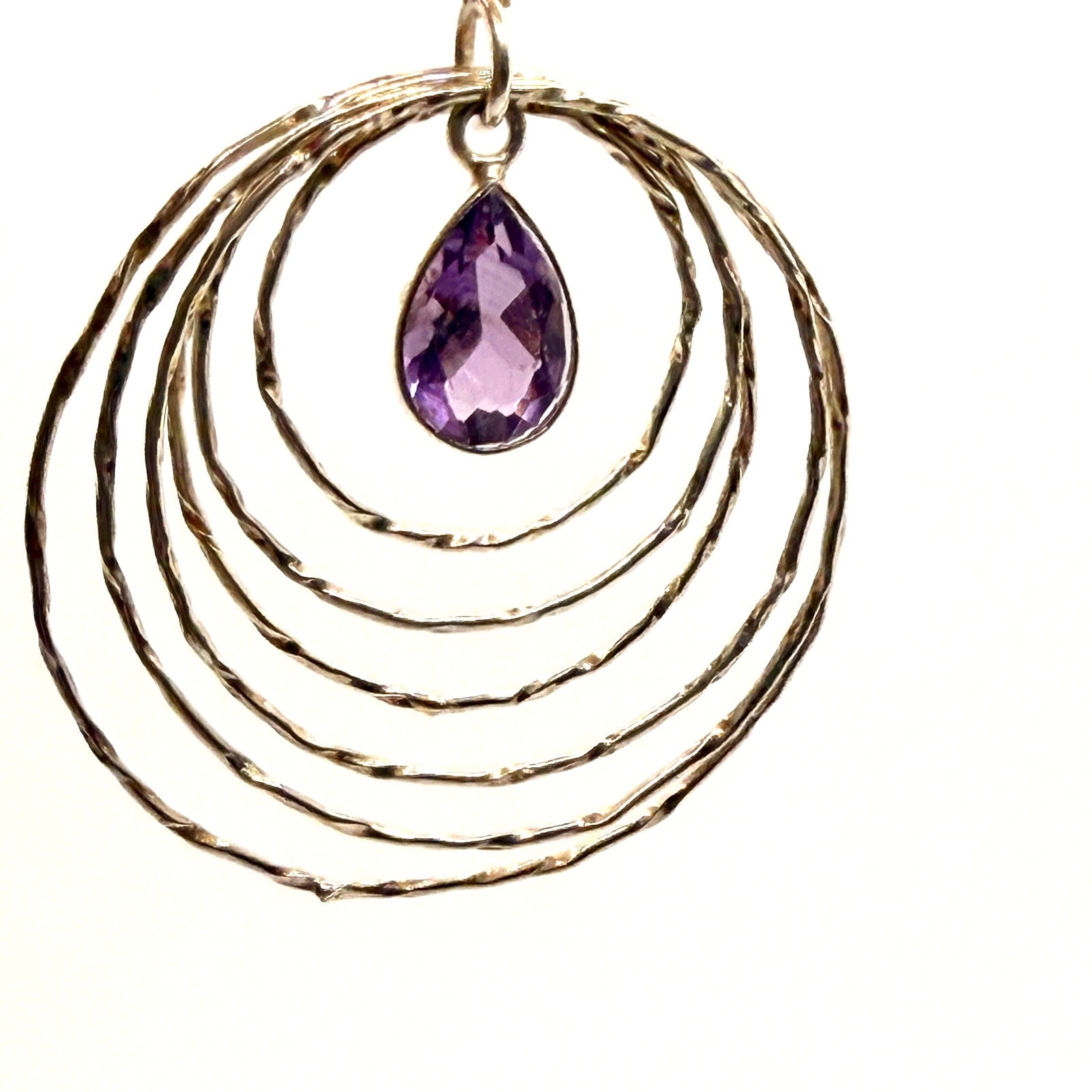Vintage 90s Sterling Silver Amethyst Hammered Concentric Ring Drop Earrings