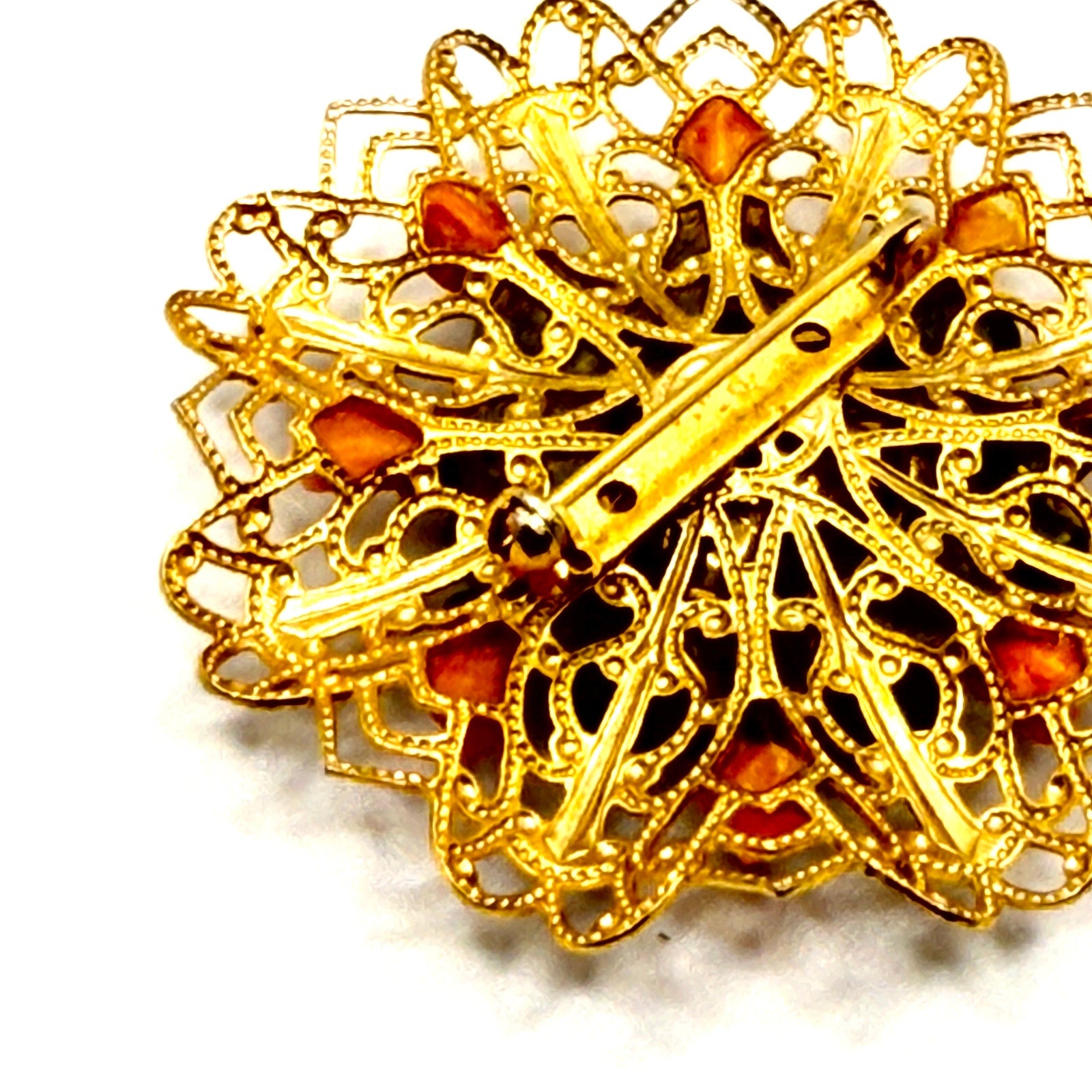 Vintage 70s Gold Filigree Green Peridot Pink Coral Carved Rose Floral Brooch