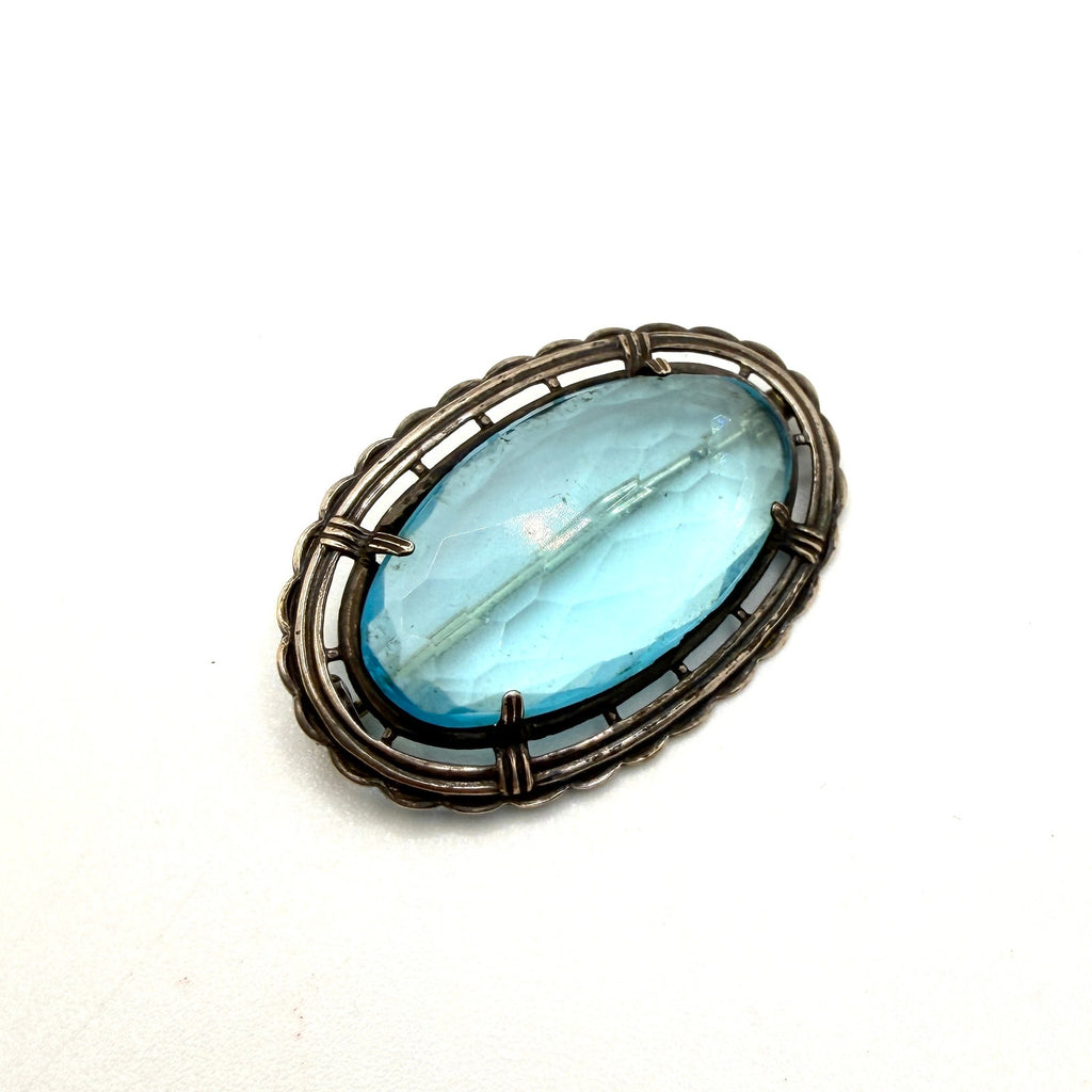 Vintage 50s Light Blue Sterling Silver Stamped Faceted Gemstone Brooch Pendant