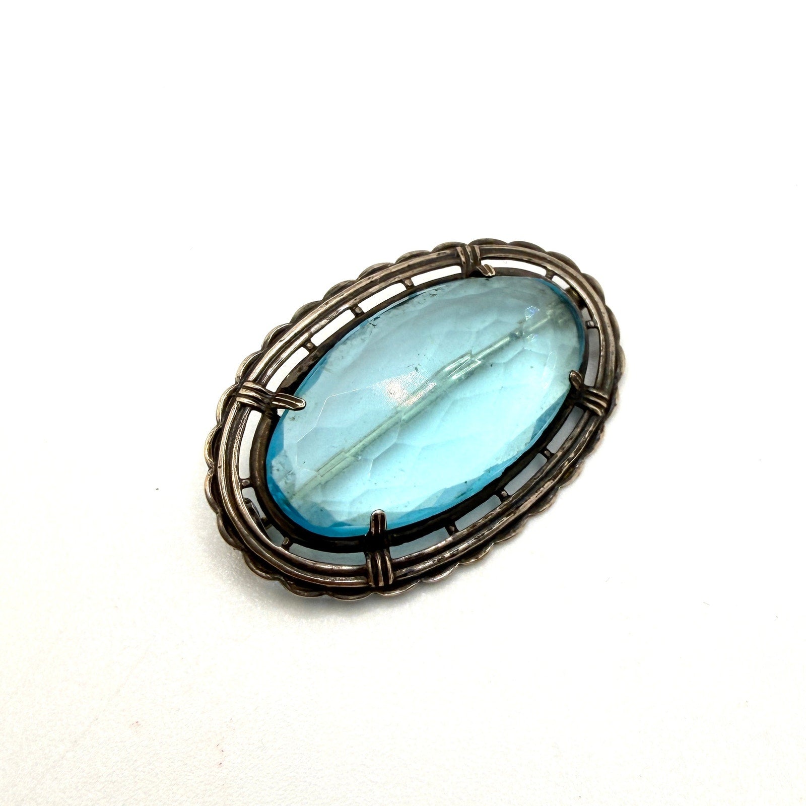 Vintage 50s Light Blue Sterling Silver Stamped Faceted Gemstone Brooch Pendant
