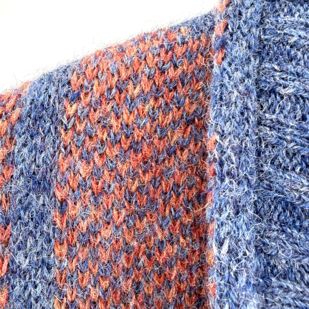 Vintage 80s Alan Flusser Blue Orange 100% Wool Plaid Double Breasted Cardigan