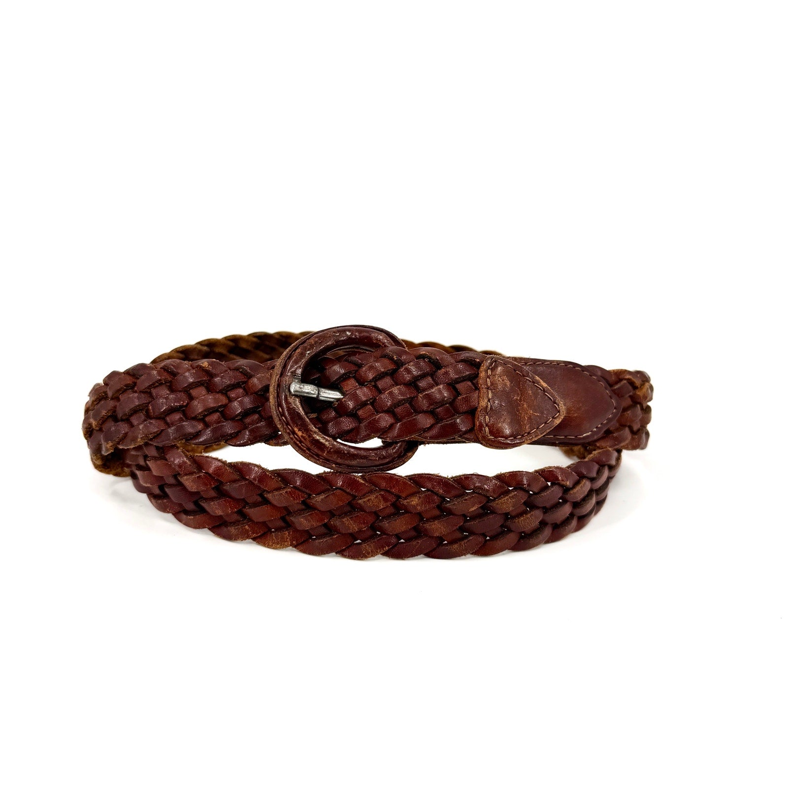 Vintage 90s Preppy Brown Woven Genuine Leather Braided Belt