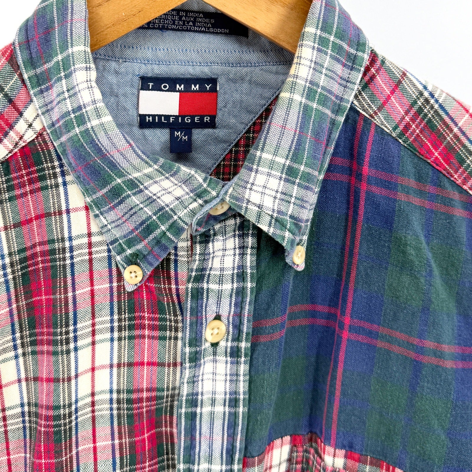 Vintage 90s Tommy Hilfiger 100% Cotton Patchwork Plaid Button Down Shirt