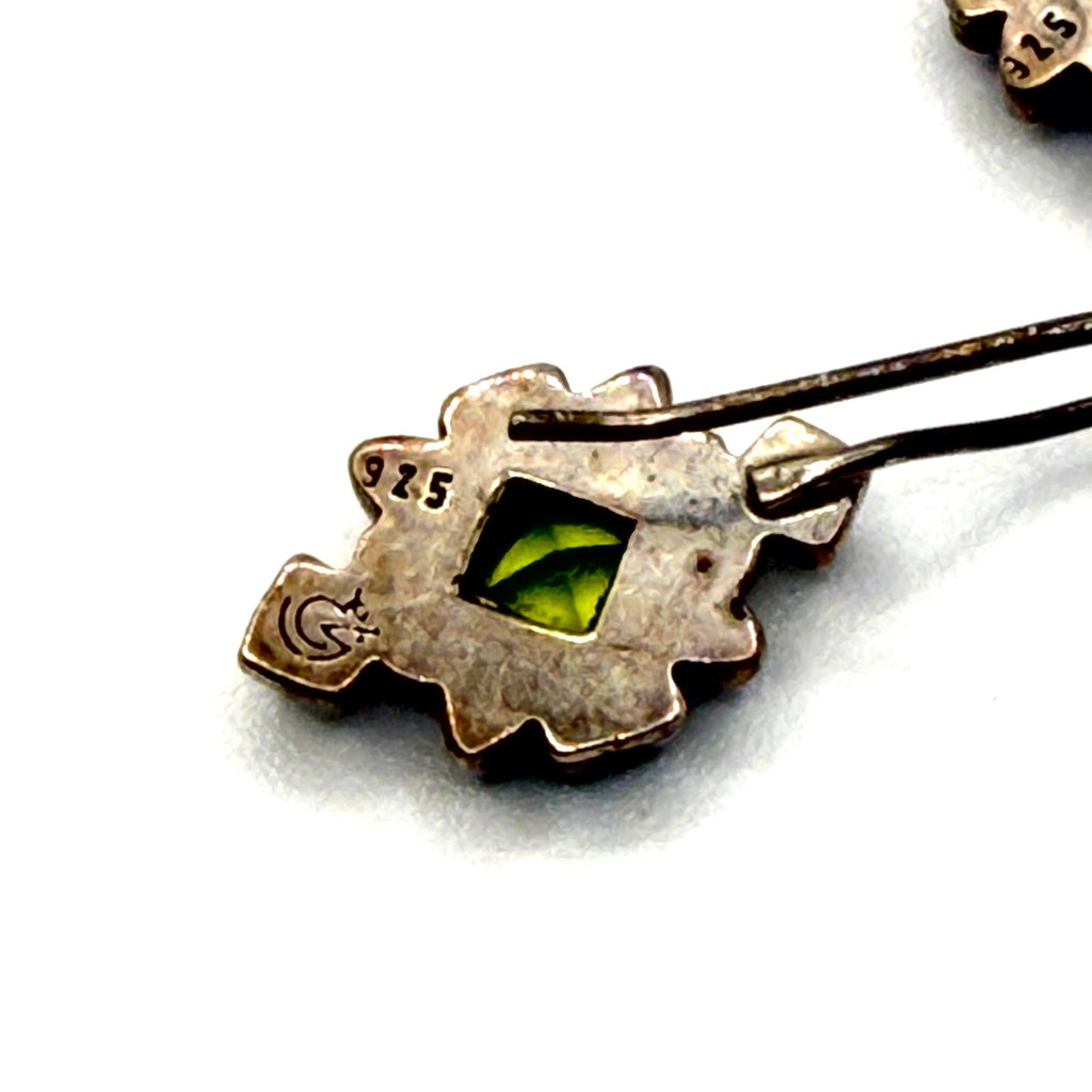 Vintage Signed Artisan 925 Sterling Silver Brutalist Peridot Drop Earrings