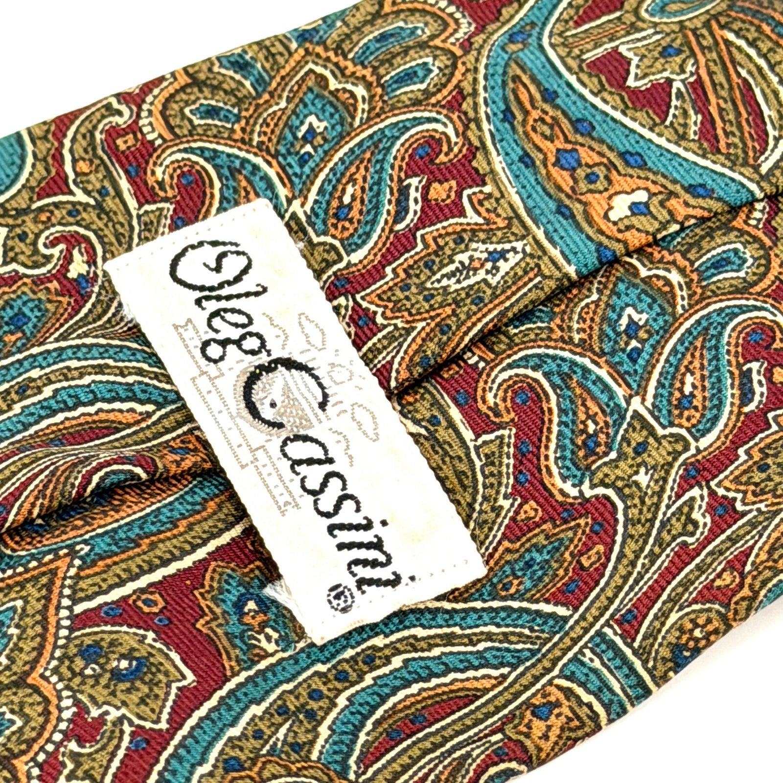 Vintage 80s Oleg Cassini Brick Red 100% Silk Olive Paisley Wide Necktie