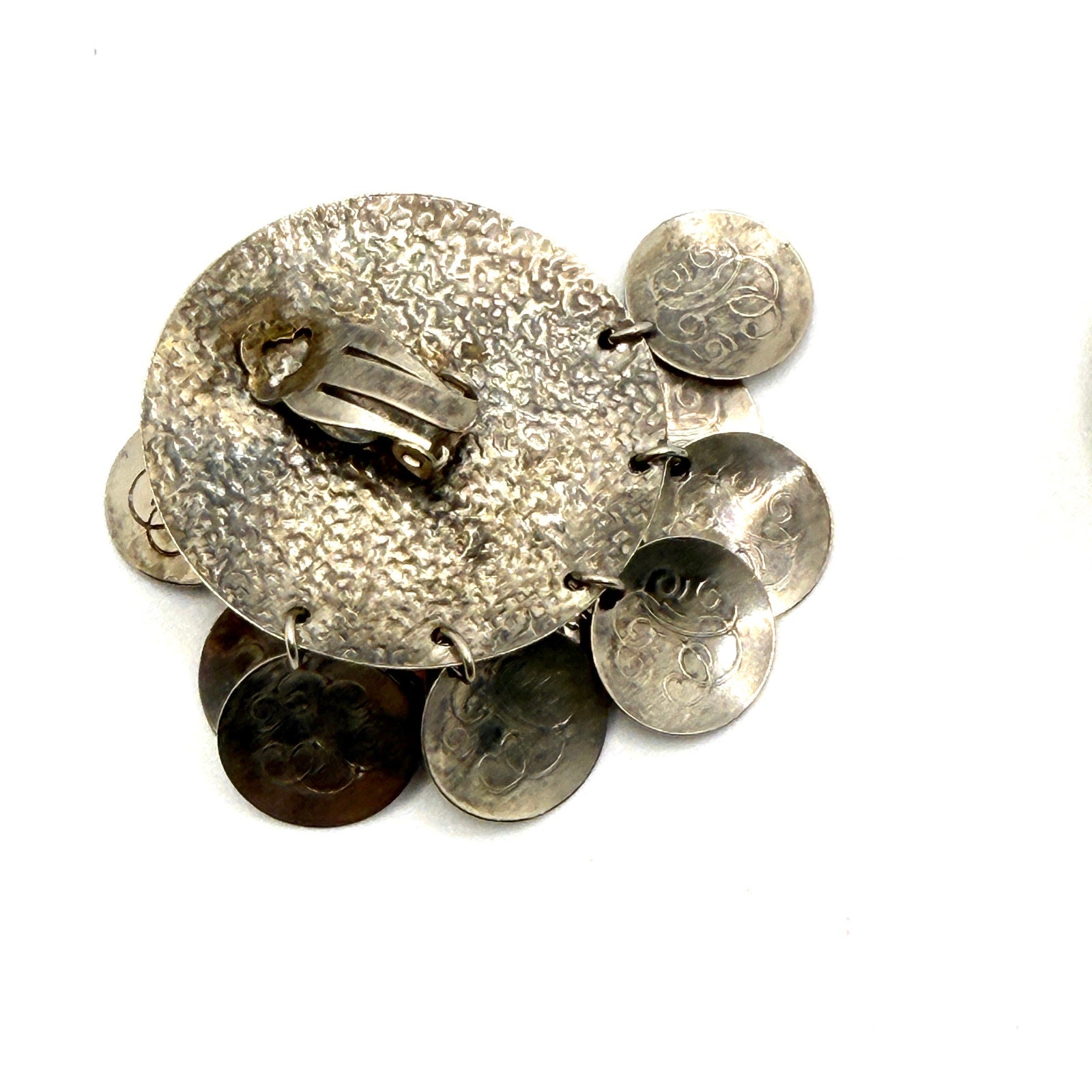 Vintage 90s Silver Tone Textured Multi Coin Dangle Cluster Clip On Earrings
